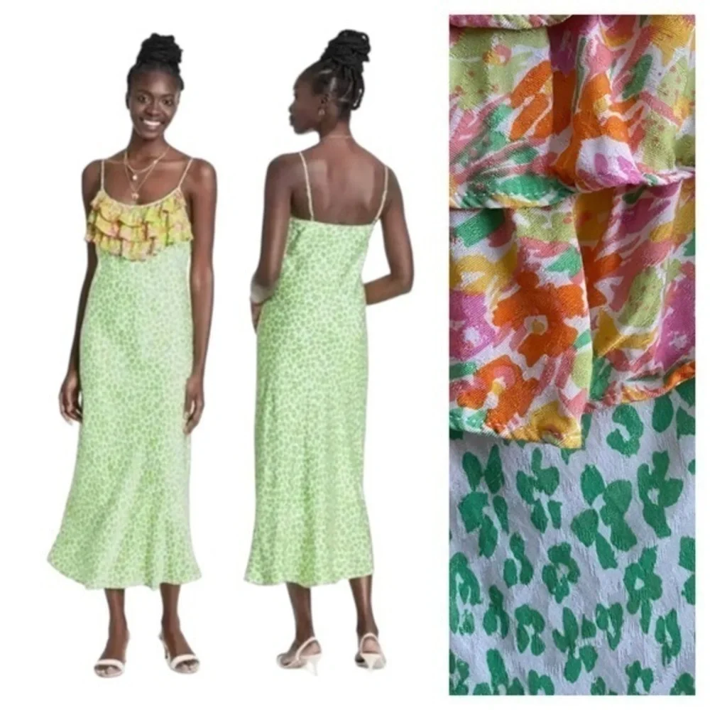 Rixo X Target Green Animal Leopard Print Colorful Ruffle Midi Slip Dres Large - Picture 1 of 15